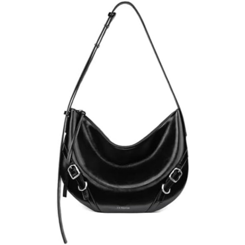 Women Glossy Black Soft Leather and polyester Hobo Bag with Adjustable Strap
